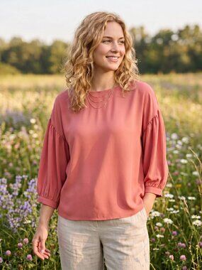 Loft Salmon Pink Flowy Top M Office Romantic‎ Quiet Luxury Fairy 3/4 Sleeve Poet